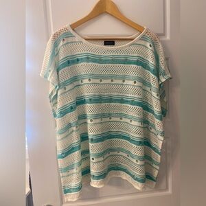 Ivory and Teal Striped Swim Coverup Open Knit
